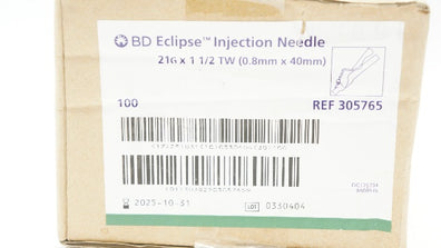 BD 305765 Eclipse Injection Ndle 21G x 1 1/2 TW - Box of 100